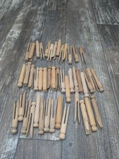  Wooden Clothes Pins Round Head Flat Top Lot Of 45  Crafts, Vintage Patina Clean