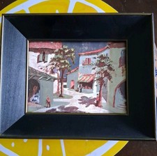 Dipinto olio scena paesaggio europeo con cornice vintage firmato Margot