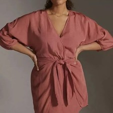 Anthropologie Puff-Sleeve Wrap Mini Dress in Pink sz 6 summer dress minimalist