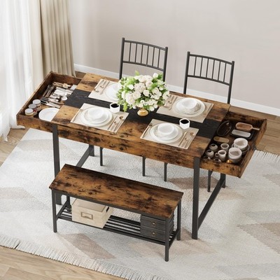 Dining Table Set for 4, Small Kitchen Table and 2 Chairs for 4 with Bench, Br...