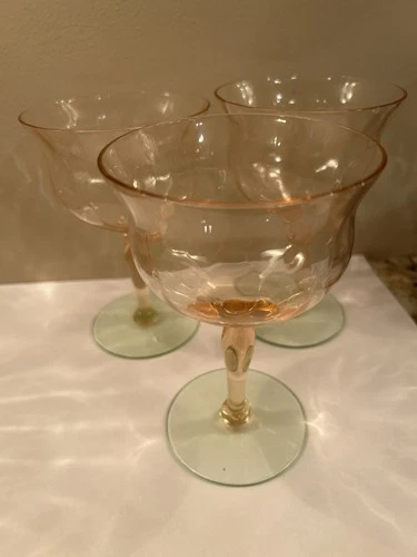 Watermelon Pink Depression Glass & Green  Vaseline Uranium  Cocktail Glasses - 3