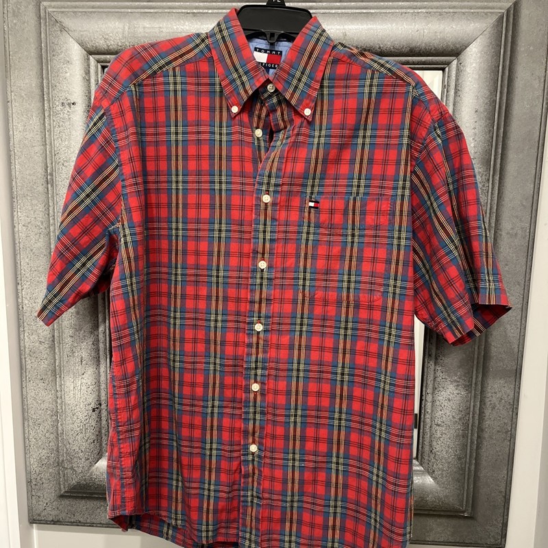 tommy hilfiger short sleeve shirt Red Button Up Size Medium