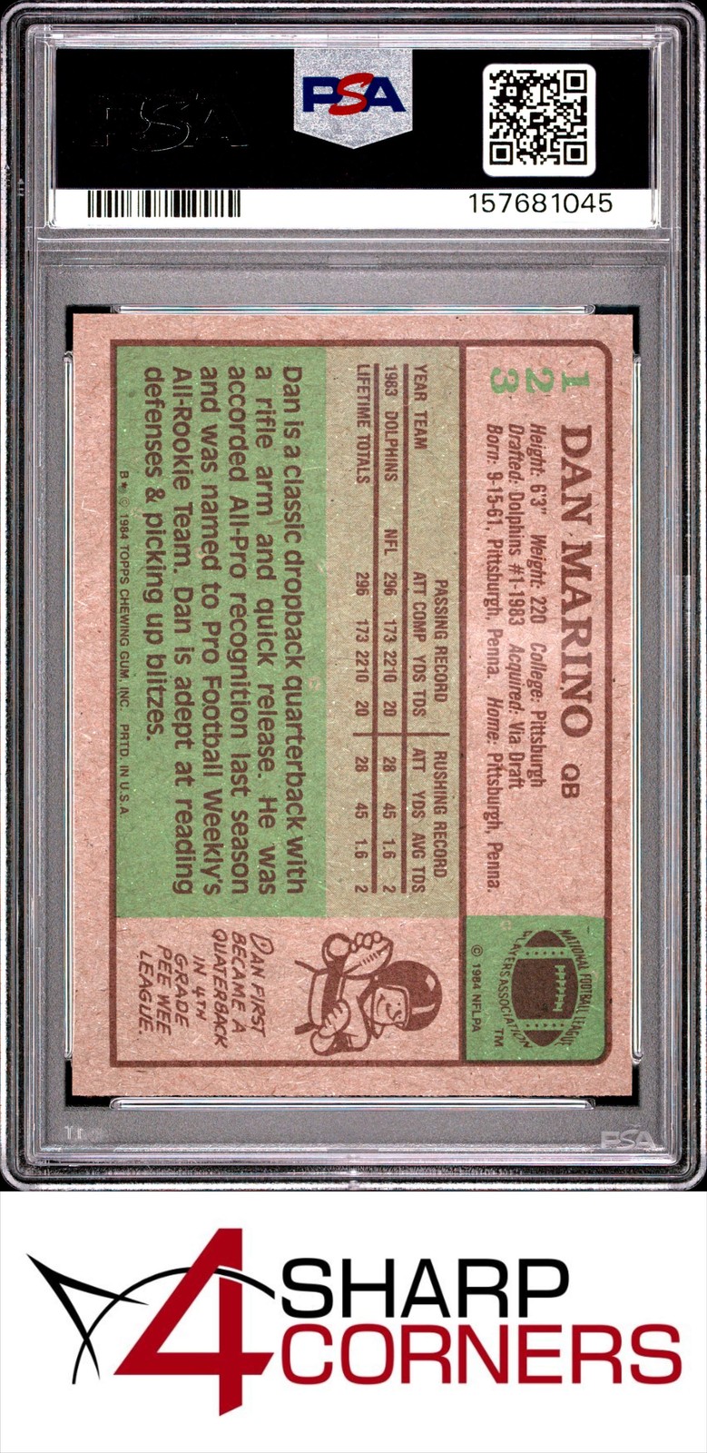 1984 TOPPS #123 DAN MARINO RC DOLPHINS HOF PSA 7 view 2