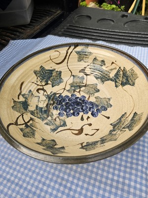 Vintage 12'' Pottery Bowl Hand Made & Painted. Concord Wine Grapes & Vines Signed