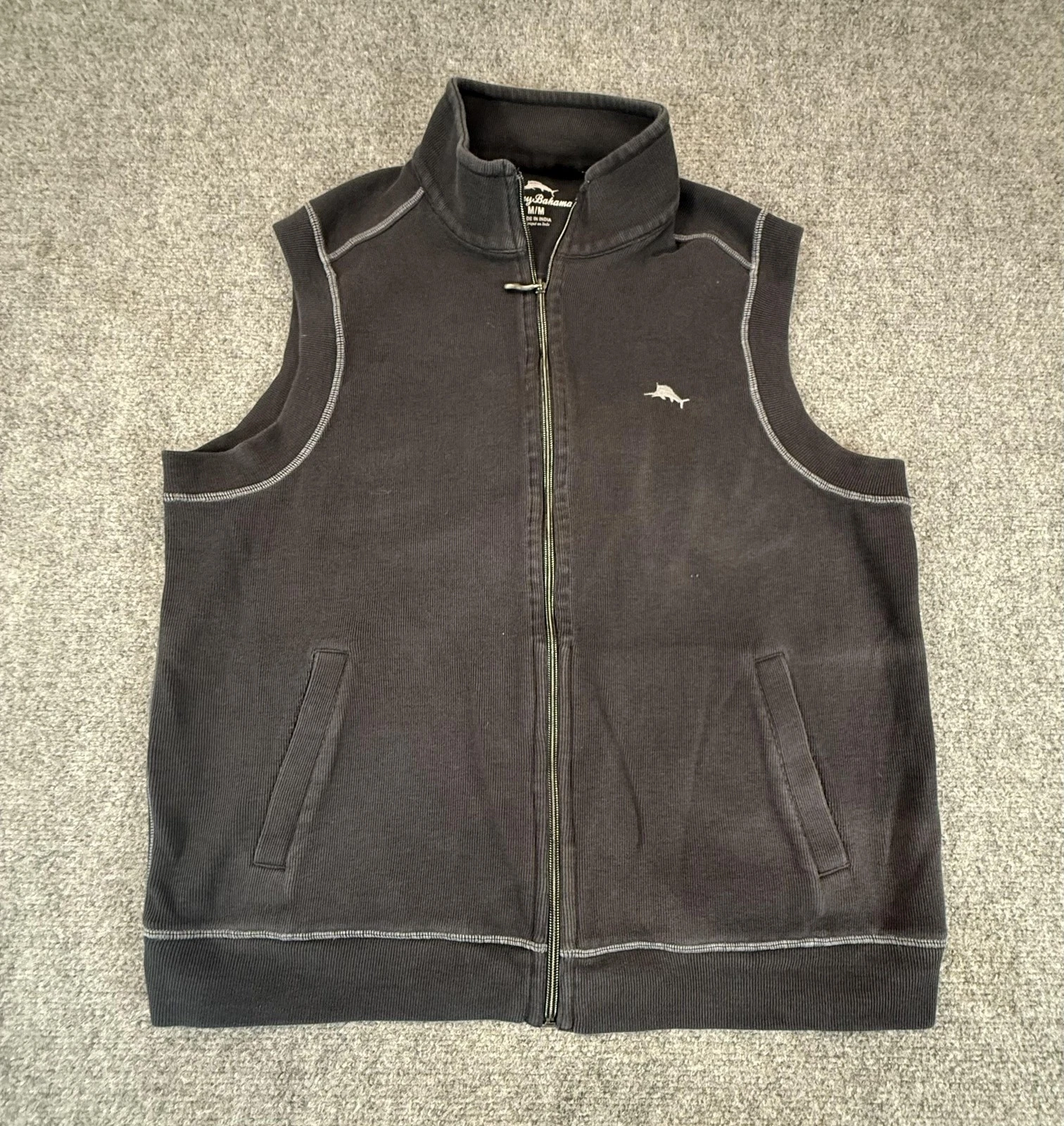 Tommy Bahama Vest Mens Medium Gray Cotton Full Zip Logo Pockets Knit Casual