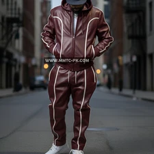 Men's Hoodie Brayden Leather Track Suit Set [Burgundy/White] Lamb Leather