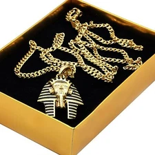 Men's 14k Gold Plated Black Stripe Micro Pharaoh Pendant Hip Hop 30" Cuban Chain