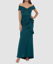 Xscape Women's Green Scuba Ruffled Off-Shoulder Gown Dress Size 12