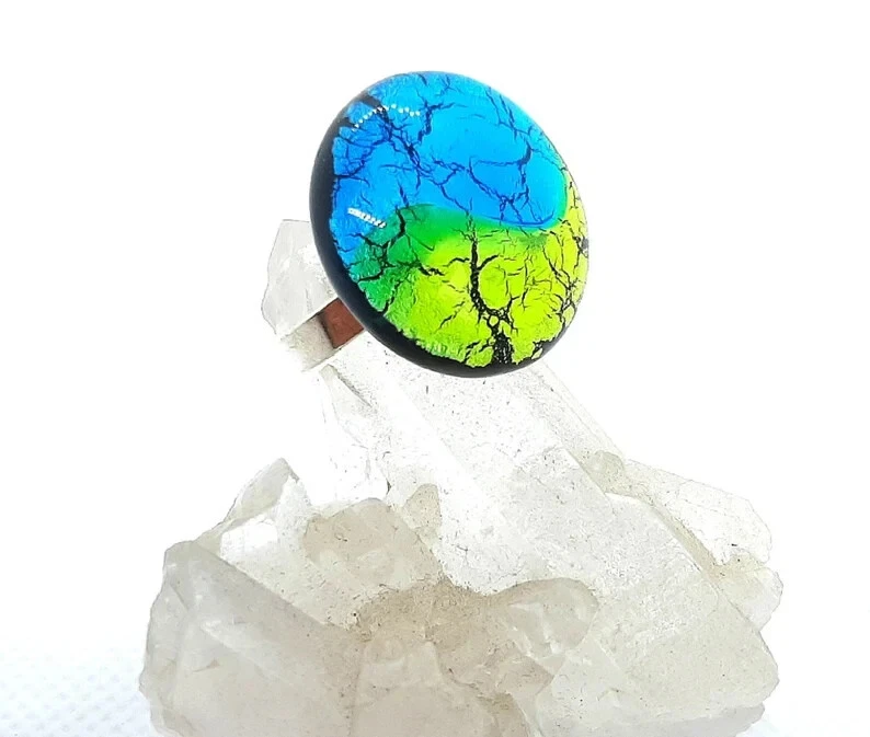 Fingerring  Muranoglas  blau grün verstellbare Schiene 925 Silber handgefertigt