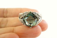 White Cubic Zircon Green Quartz Solitaire Ornate Sterling Silver Ring 6 7 8 9