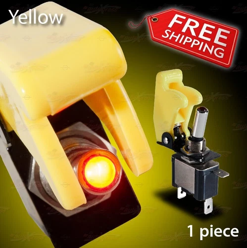 RED LED On/Off Auto Car Toggle SPST Switch w/ SOLID YELLOW Safety Military Cover