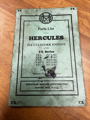 Vtg. 1940 Hercules Motor Corp 6 Cylinder Marine Engine YX Series Parts Manual