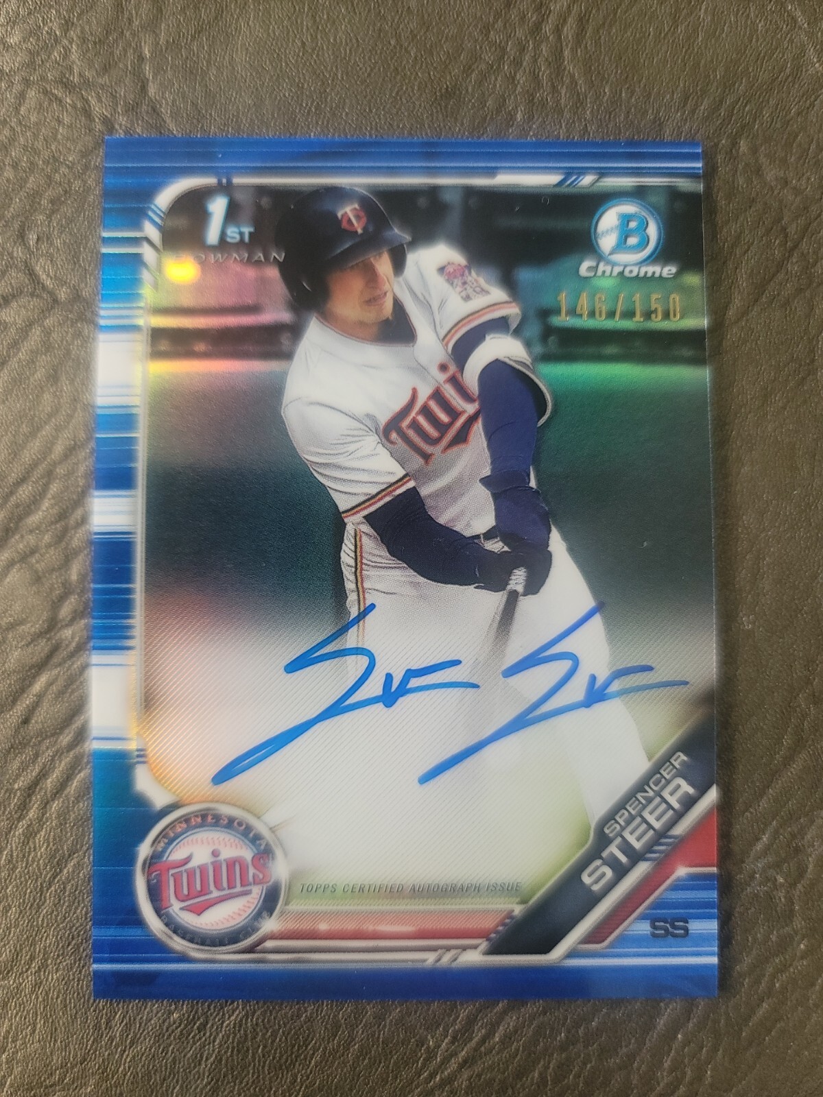 2019 Bowman Chrome Spencer Steer 1st Auto Blue Refractor /150