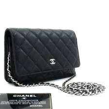af5 CHANEL Authentic Grained Calfskin Wallet On Chain WOC Black Shoulder Bag