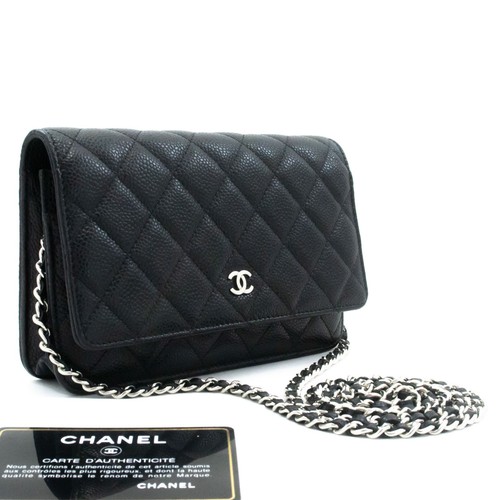 af5 CHANEL Authentic Grained Calfskin Wallet On Chain WOC Black Shoulder Bag