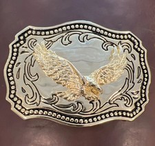 Bald Eagle Belt Buckle Floral Scroll Vtg 80s MADE In USA Polish Classic Nice Con