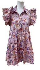 Maison Tara Metallic Floral Tiered Ruffle Sleeve Shirt Dress Pink 10