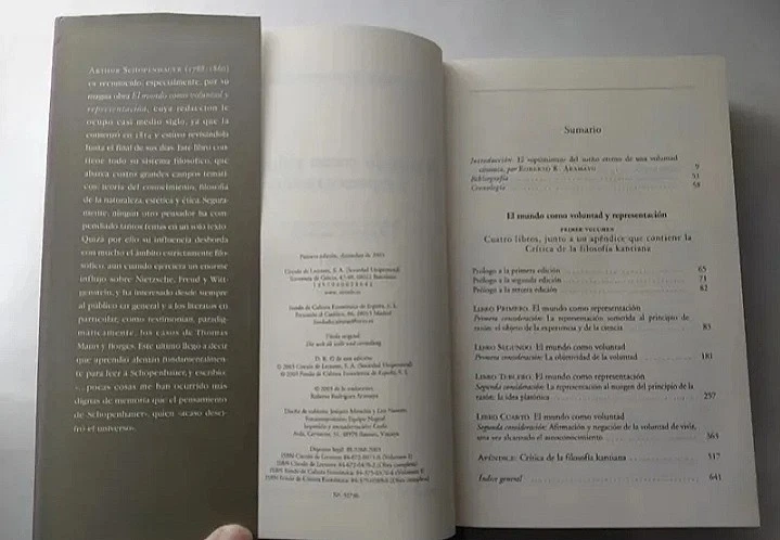 LIBROS FILOSOFÍA. ARTHUR SCHOPENHAUER. EL MUNDO COMO VOLUNTAD Y REPRESENTACIÓN. - Imagen 4 de 4