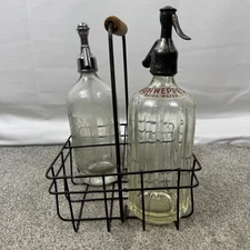 Vtg E Rowlands Ballarat & Schweppes Seltzer Soda Syphon Bottles & Metal Carrier