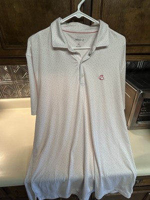 Johnnie-o performance polo men's xl white & pink geometric pattern golf shirt