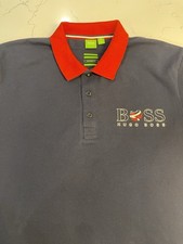 HUGO BOSS L Navy Red Flag Polo Shirt Modern Fit Short Sleeve
