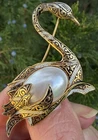 SPAIN swan bird Vintage Damascene faux pearl belly  Brooch pin costume jewelry