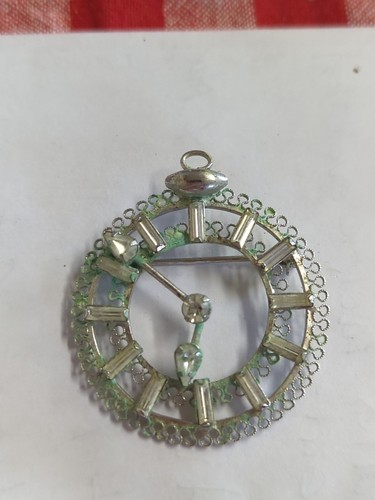 Sterling Silver & Rhinestone Clock Brooch 925 Star Art Vintage