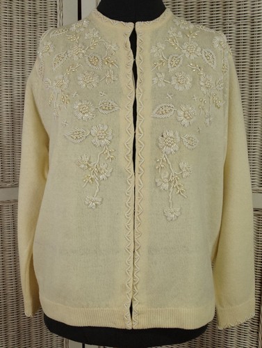 1950s Ivory Beaded Rockabilly Cardigan L-XL 45″ Bust Vintage Sweater by Monrose - Picture 2 of 10