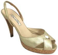 Oscar de la Renta Gold Metallic Leather Cork Platform Slingback Sandals 37 6.5