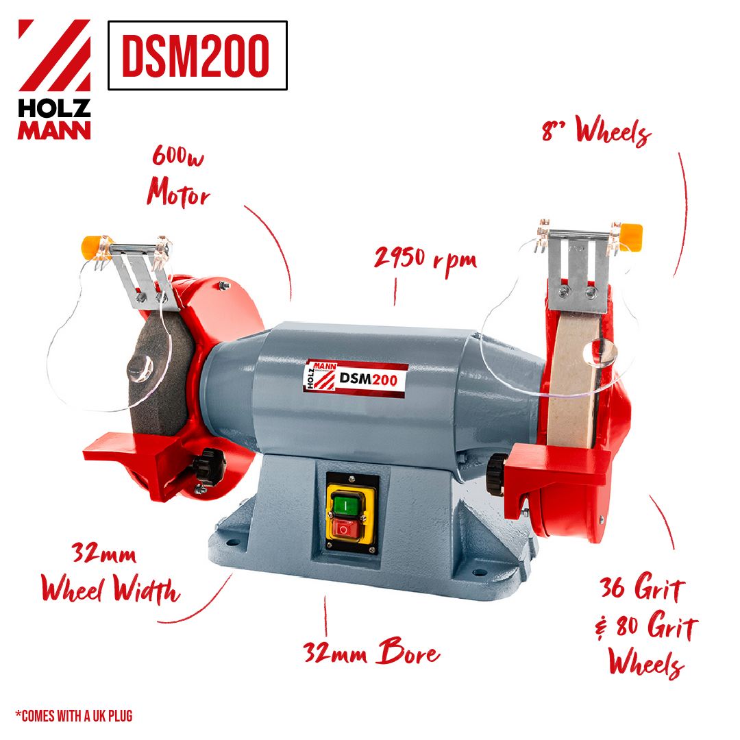 Holzmann 8"" Bench Grinder DSM200 200mm x 32mm / 36g & 80g / 600w 230V