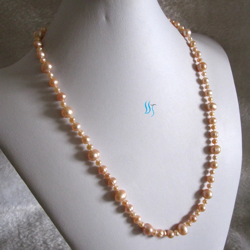 24" 4-10mm Peach Pink Freshwater Pearl Necklace Strand Jewelry - Image 3 of 4