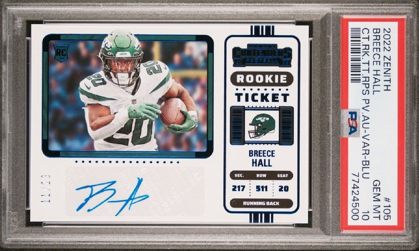 Breece Hall Panini Zenith Contenders Rookie Ticket Rps Preview Autograph #105 Variation-Blue