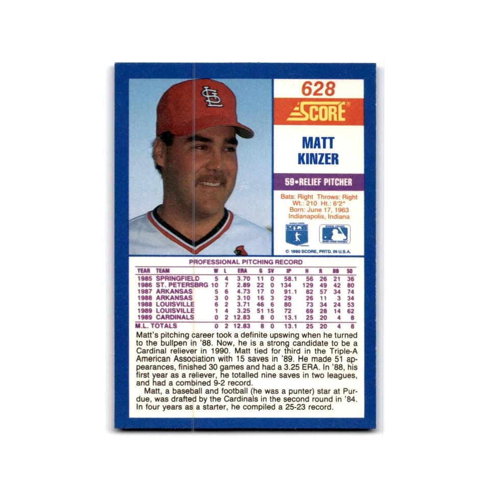 1990 Score Matt Kinzer RC Cardinals #628 - Image 2 of 3