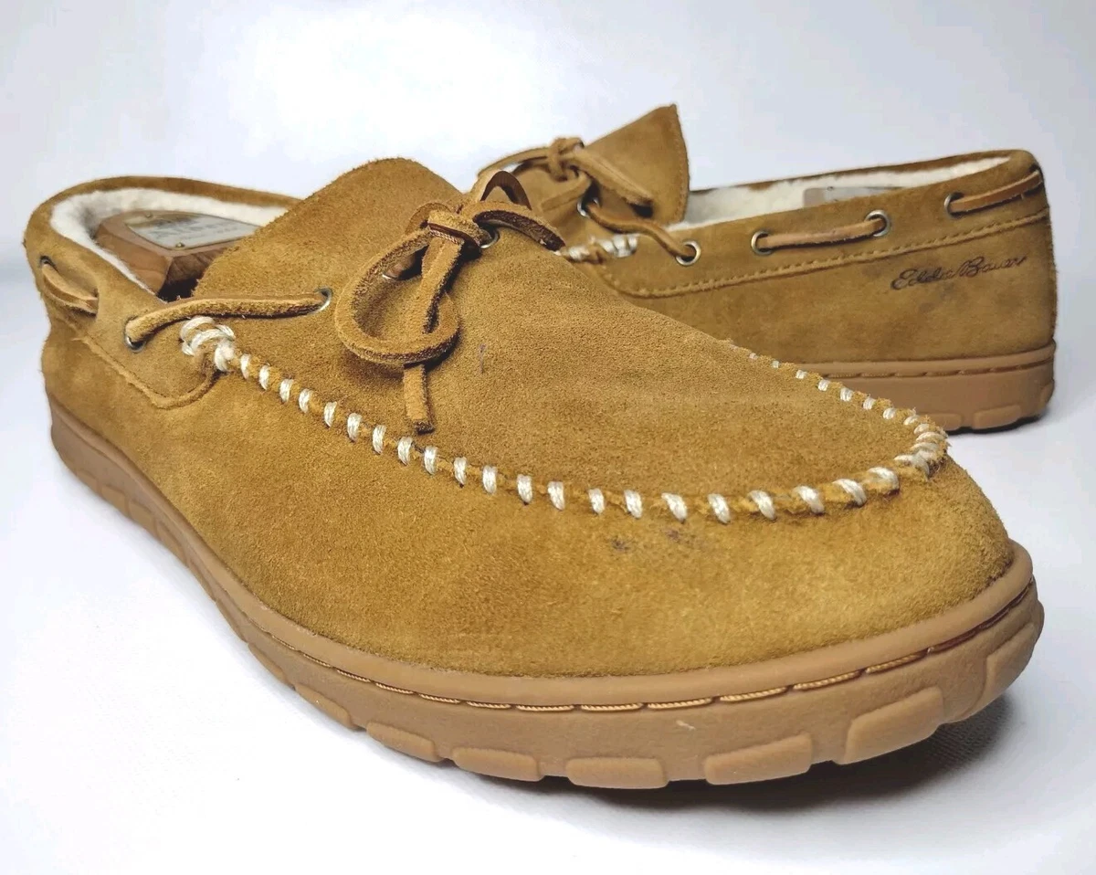 Eddie Bauer Shearling-Lined Moccasin Slippers Mens Size 12 Tan Chestnut Suede Eddie Bauer Suede Men main image 4