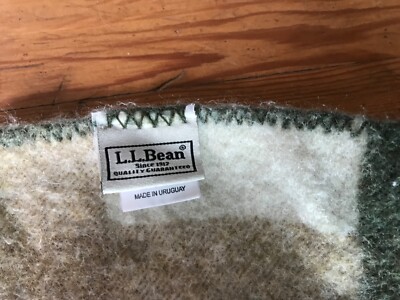 LLBean 100%virgin wool plaid cream&green throw camp blanket 