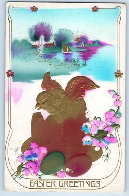 1915 Easter Greetings Hatched Egg Chick Flowers Airbrushed Embossed Postcard