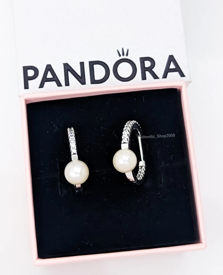 NEW 100% Authentic PANDORA 925 Cultured Pearl & Pavé Hoop Earrings 293171C01 - Image 3 of 4