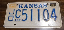 12" APR 1988 Kansas State License Plate JO C 51104 Collector Man Cave Garage