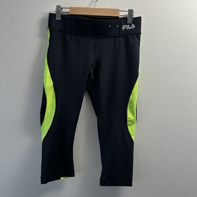 Fila Sport Womens Cropped Leggings Black Neon Green Side Panel Capris Size XS
