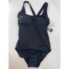 Lands End One Piece Swimsuit Women 8 Black High Leg Tugless Tank Cross Back NWT