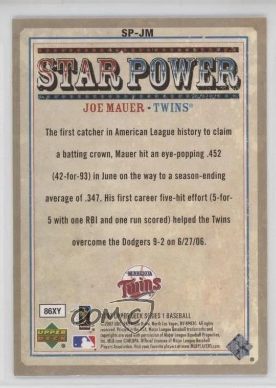 2007 Upper Deck Star Power Joe Mauer #SP-JM HOF - Image 2 of 2