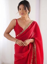 Women s Red Chiffon Saree Embroidered Bollywood Style with unstiched blouse