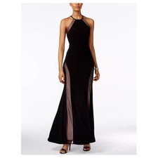 Morgan & Co. Illusion Nude Maxi Gown Dress Size 5 6 Mesh Trim Cutouts Halter