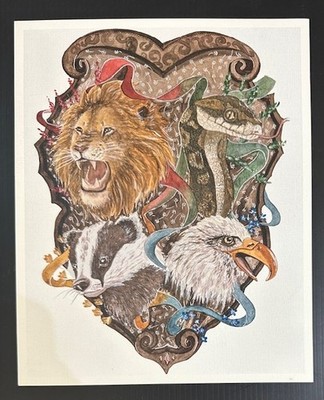 Hogwarts School Mascots Watercolor Print, Wizarding Trunk, Harry Potter House HP