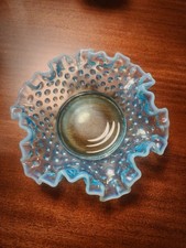 Vtg Fenton Blue Opalescent Hobnail Ruffled Glass Bon Bon Dish MCM Art Glass Bowl