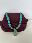 Vintage Costume Jewelry—Beaded Turquoise And Gold Tone Pendant