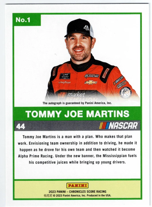 2023 Panini Chronicles Score Tommy Joe Martins Autograph #1 Alpha Prime Racing - Image 2 of 2