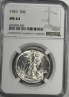 1943 Walking Liberty Half Dollar : NGC MS64 Blazing White