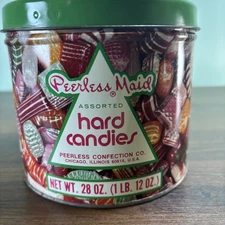 Vintage Peerless Maid Assorted Hard Candies Tin Container Chicago Green Lid