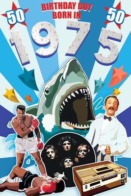 Karte männlicher Meilenstein 50. Geburtstag für ihn im Jahr 2025 mit Wissenswerten von 1975